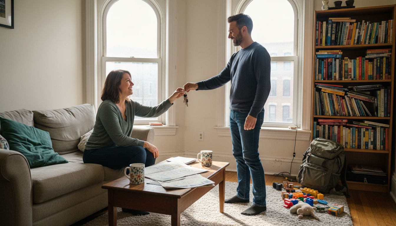Two couples exchanging keys in living room