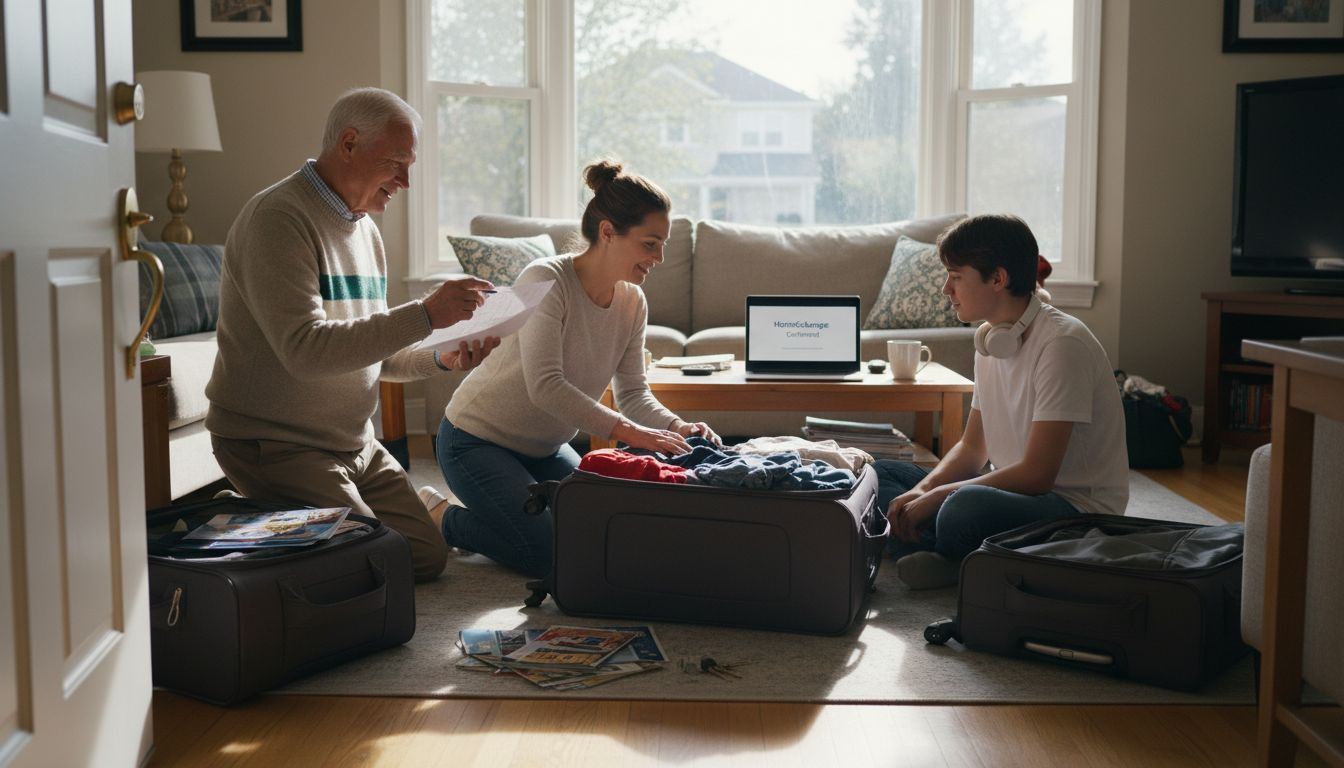 Family packing bags for home swap trip