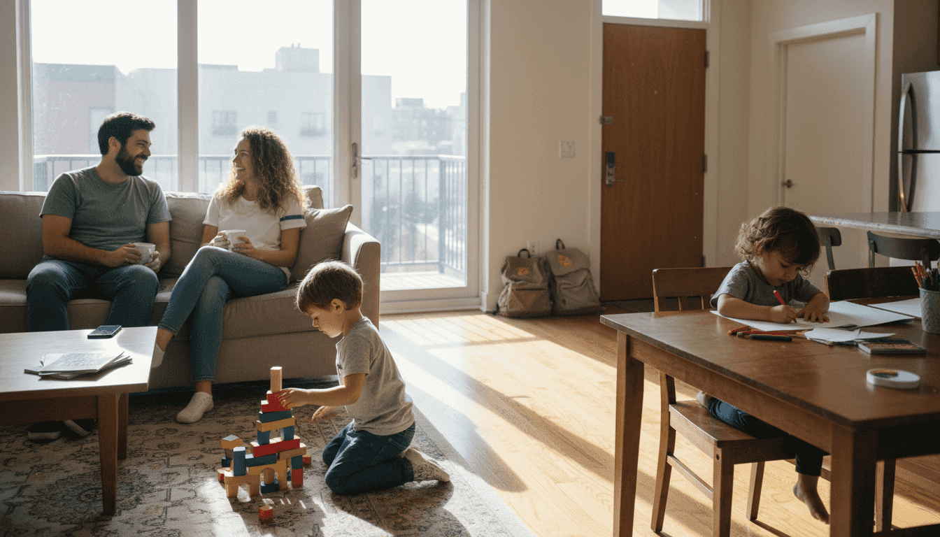 Family relaxing in home exchange apartment