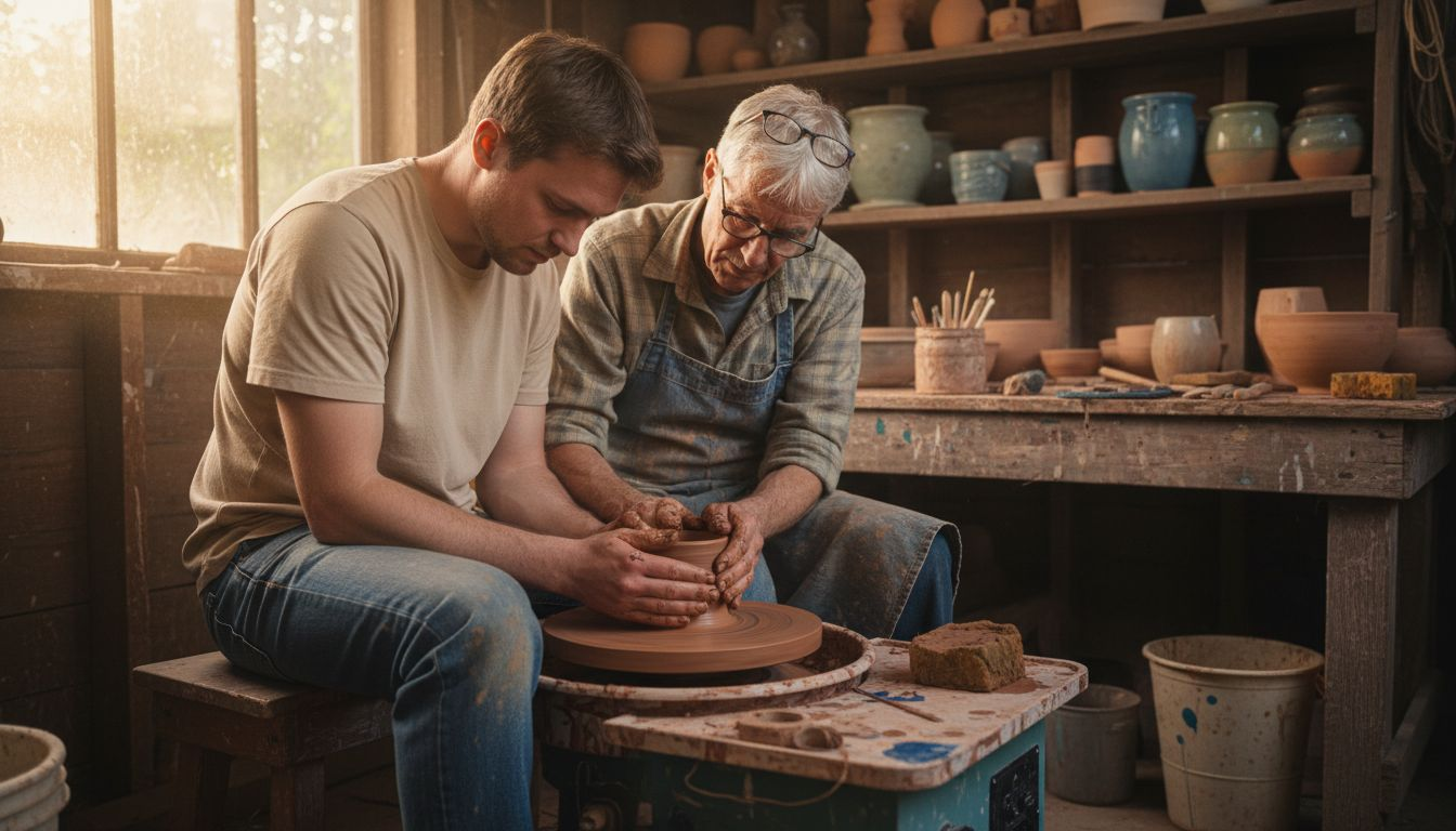 Guest and host shaping pottery at wheel
