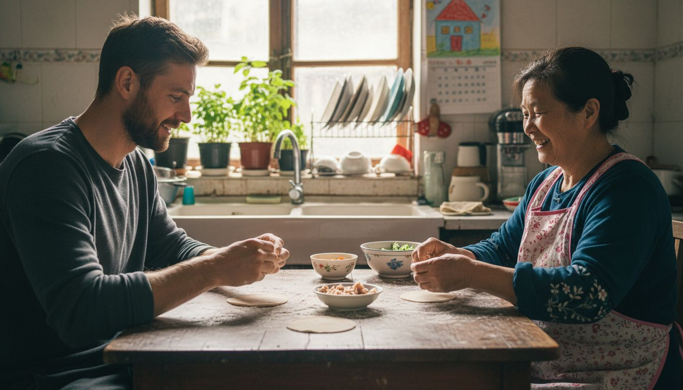 Traveler and host making dumplings together