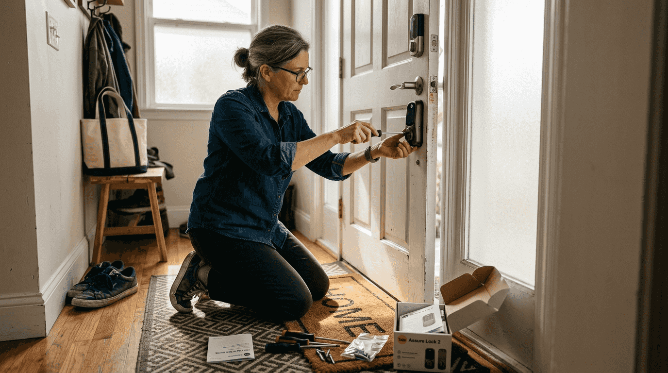 Woman installing smart lock on home door