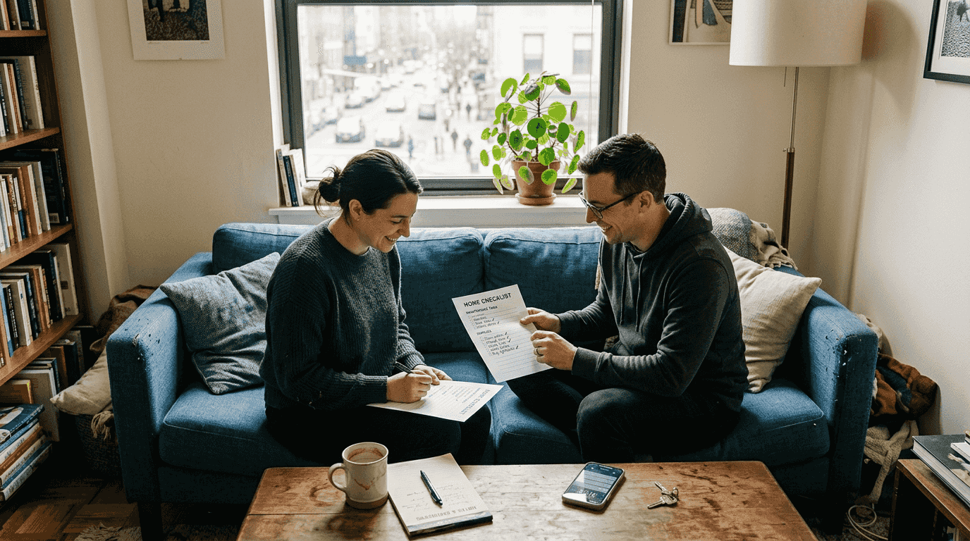 Homeowners discussing swap in cozy living room