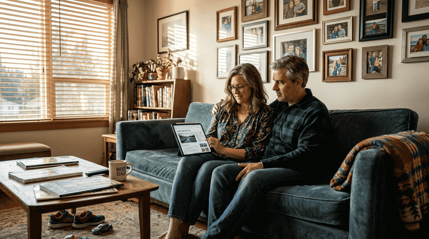 Couple reviewing home swap listing together