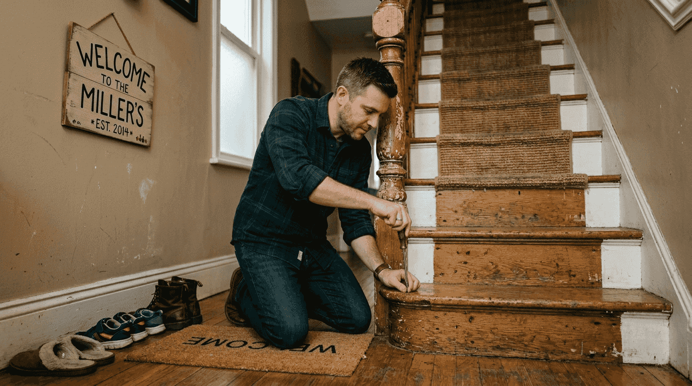 Man fixing vintage staircase feature at home