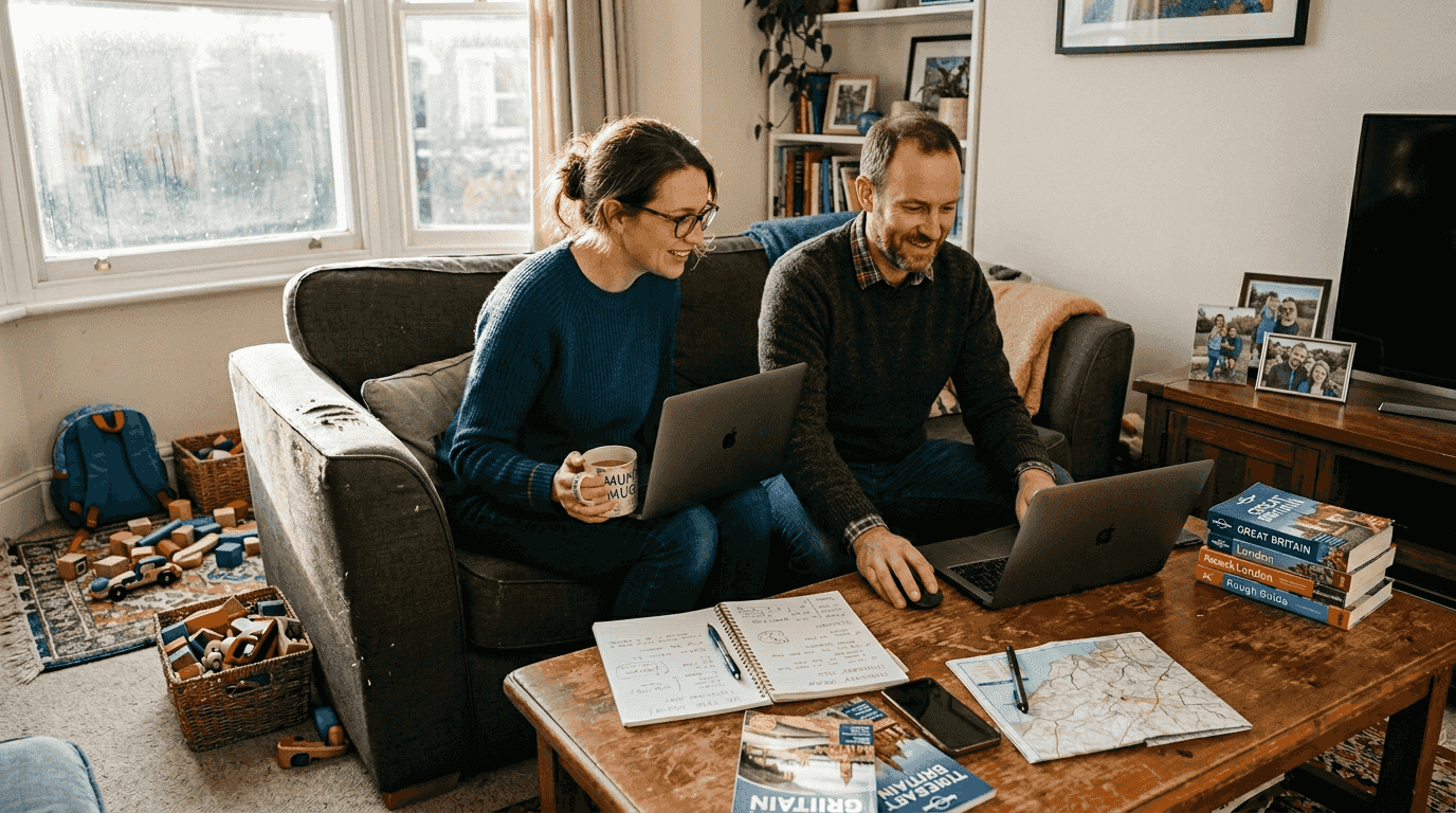 Couple planning home exchange in living room