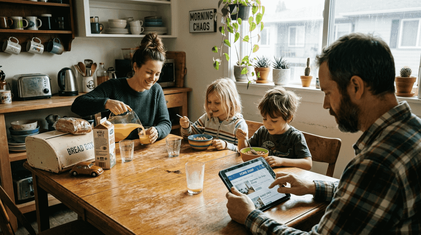 Family enjoying affordable home swap breakfast