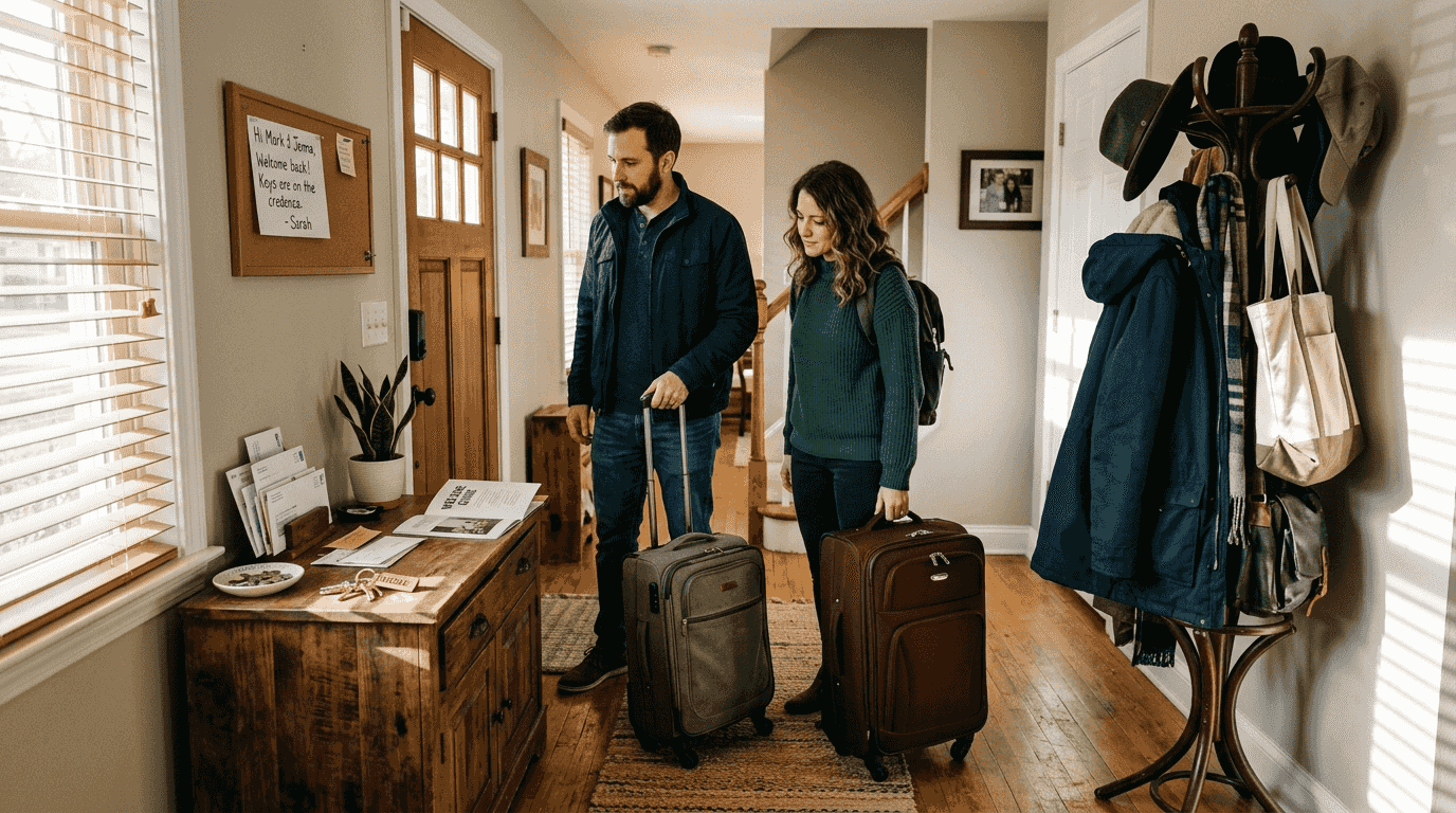 Travelers entering a real home for exchange