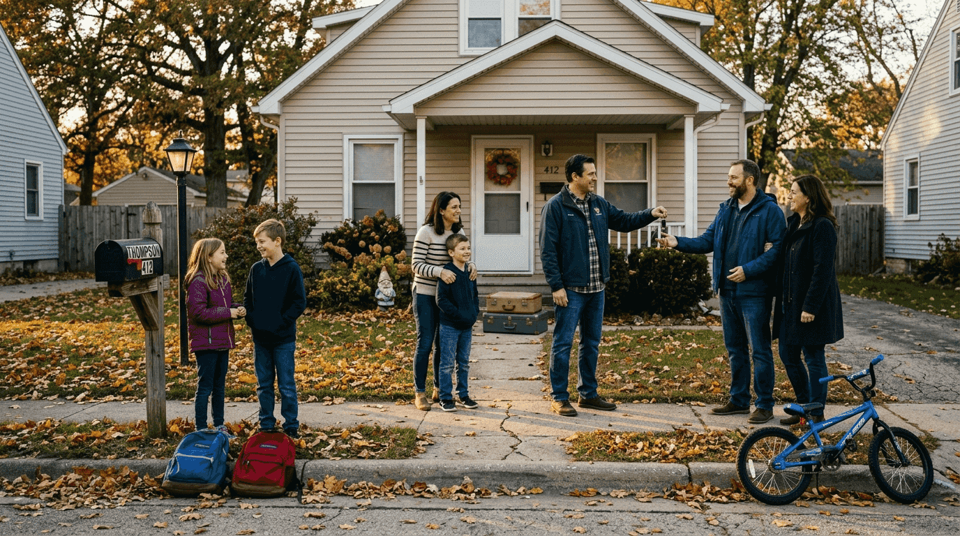 Two families exchanging keys for home swap