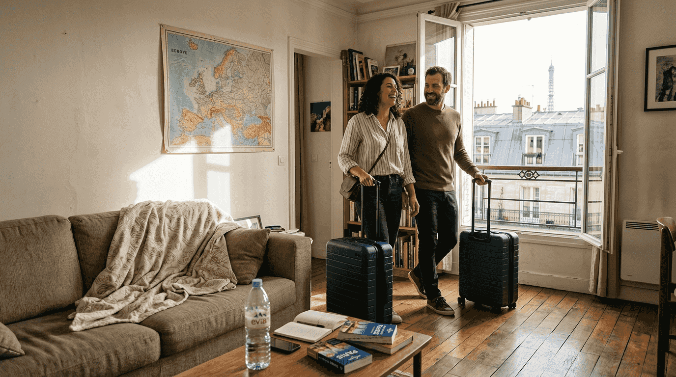 Couple arriving in swapped Paris apartment
