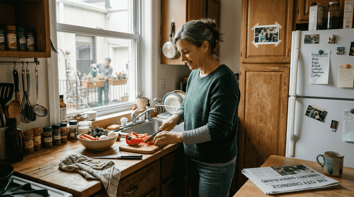 Traveler cooking in city apartment kitchen
