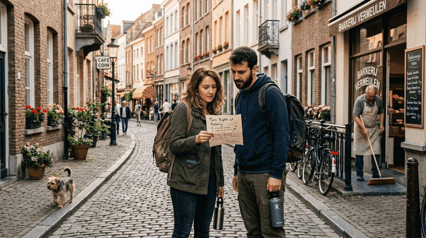 Travelers exploring local European neighborhood