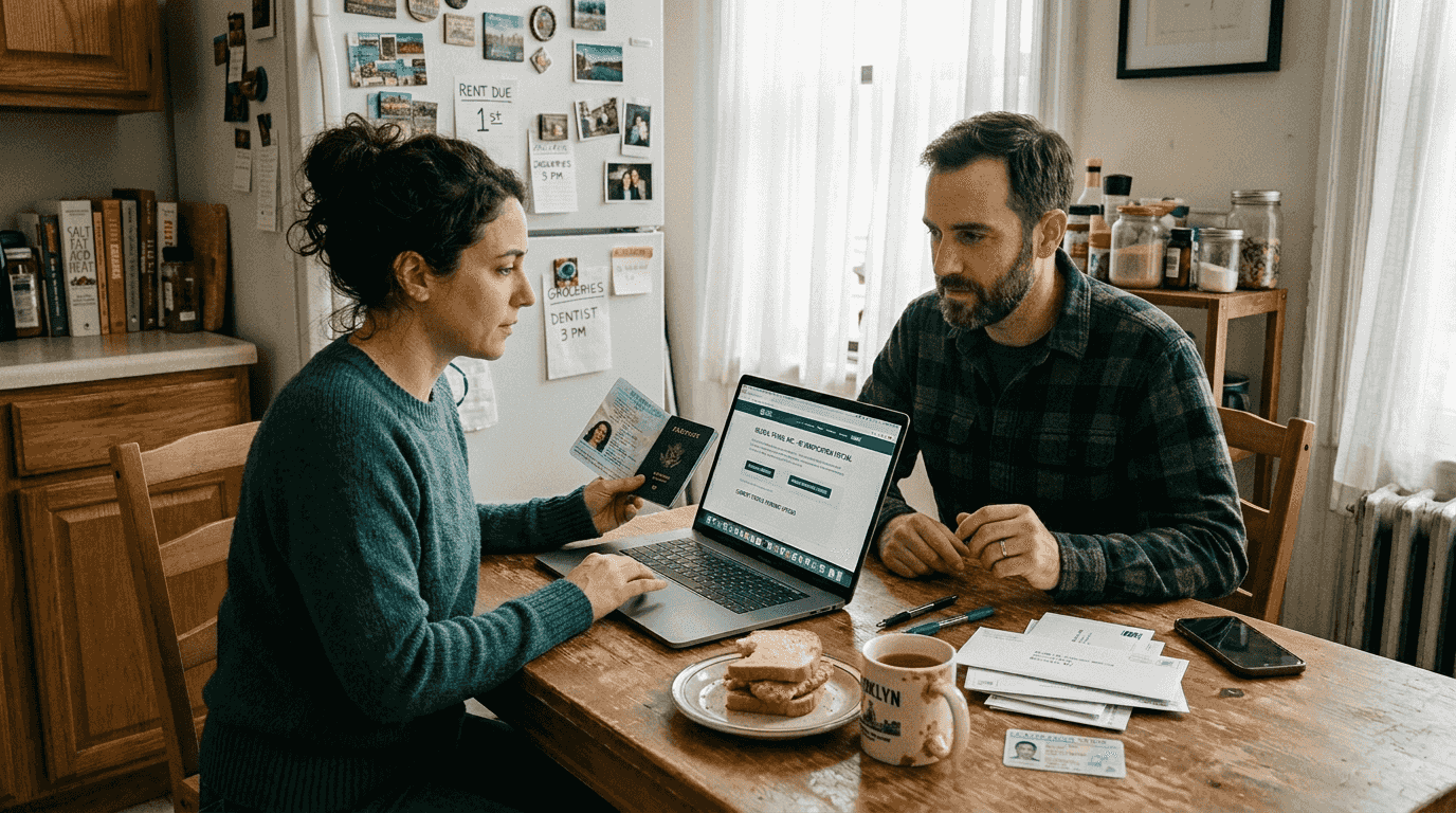 Couple verifying documents at kitchen table