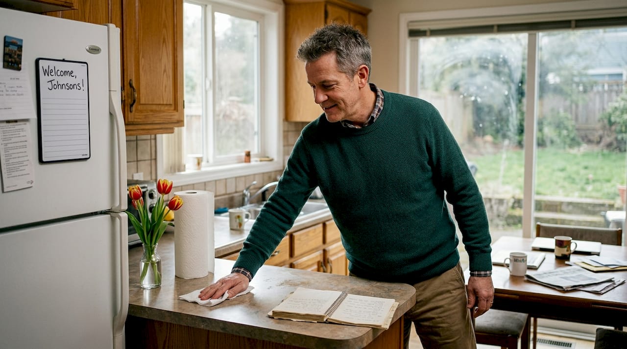 Man tidying kitchen before home exchange handover