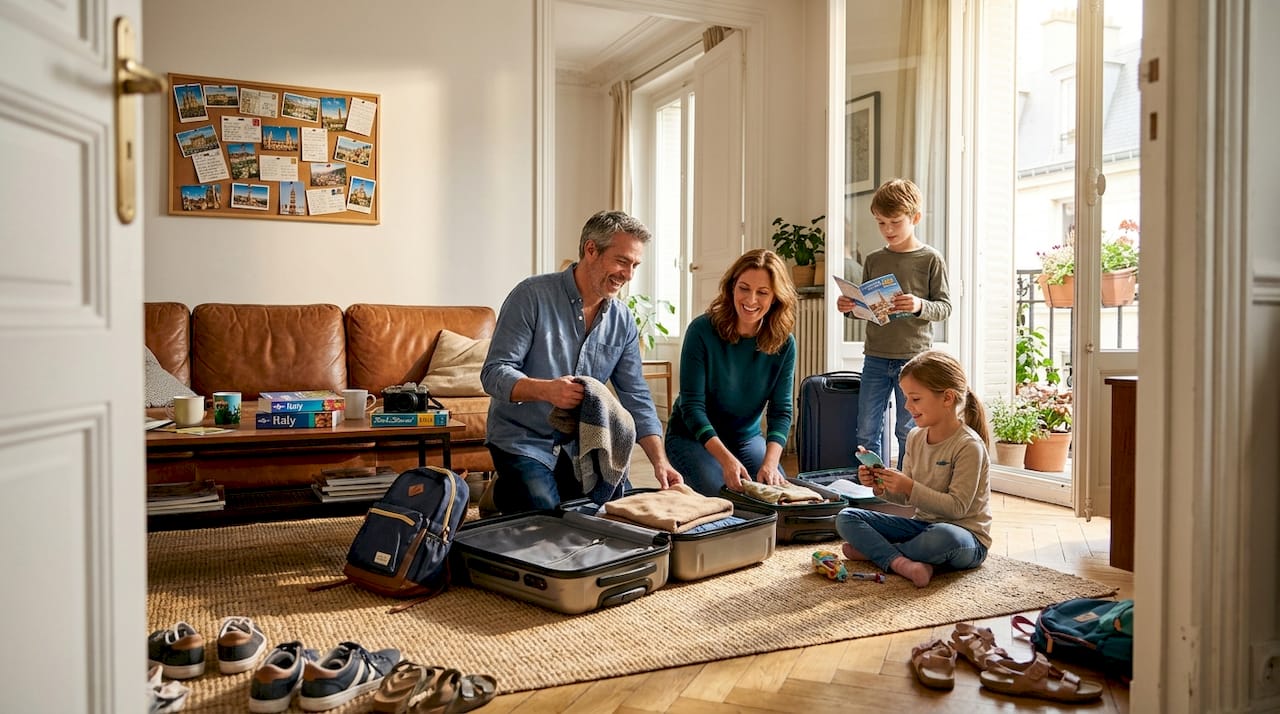 Family unpacking in exchanged home living room