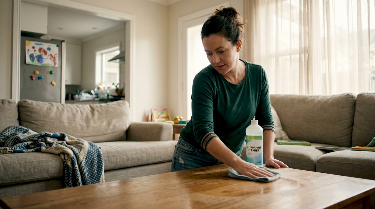 Woman cleaning living room for home swap