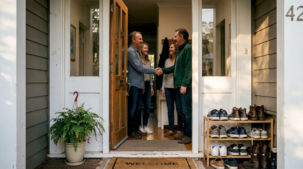 Couples greet each other at home entrance