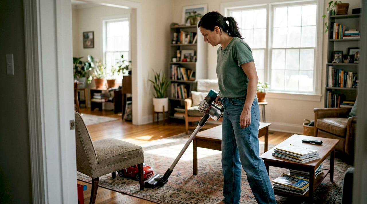 Woman cleaning living room for home swap