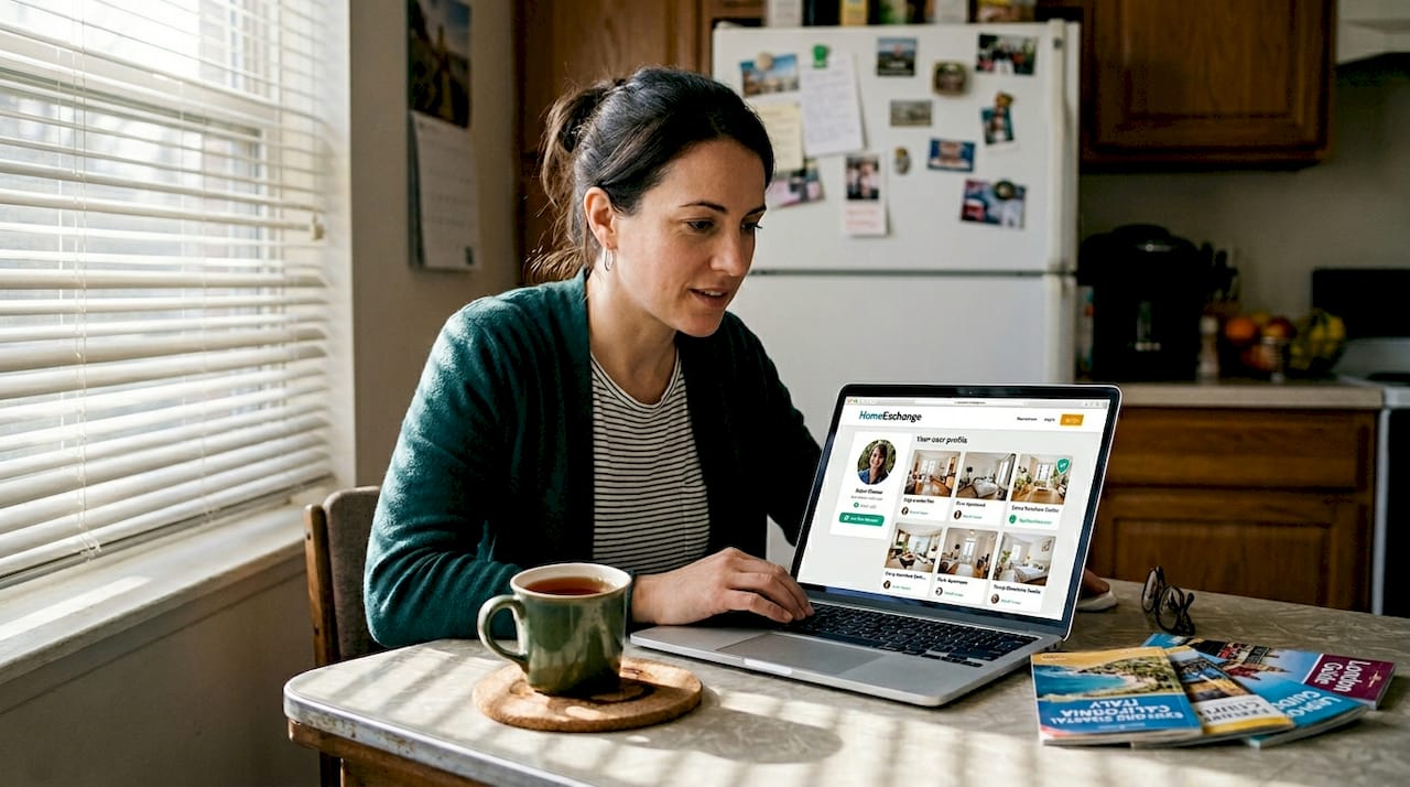 Woman checks verified home swap profiles online