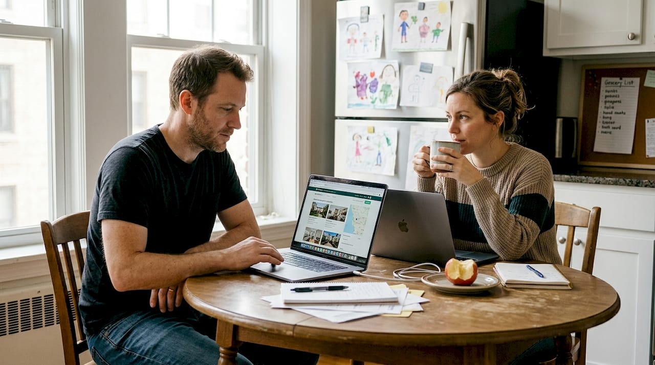 Couple verifying home swap trust online