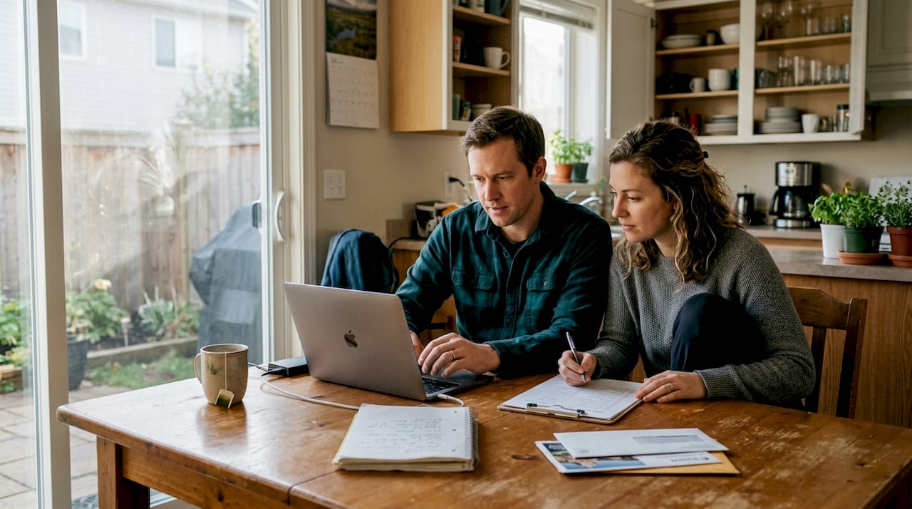 Couple reviews home swap listing on laptop