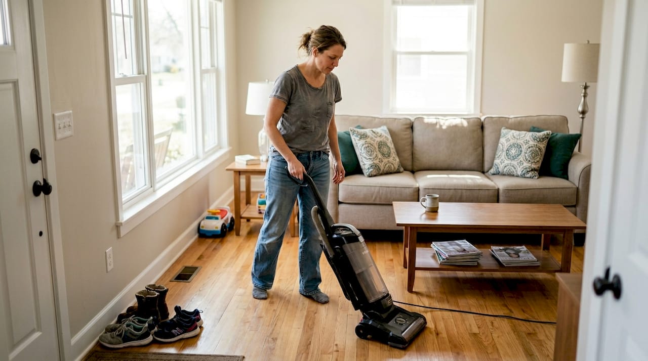 Homeowner cleans living room before listing
