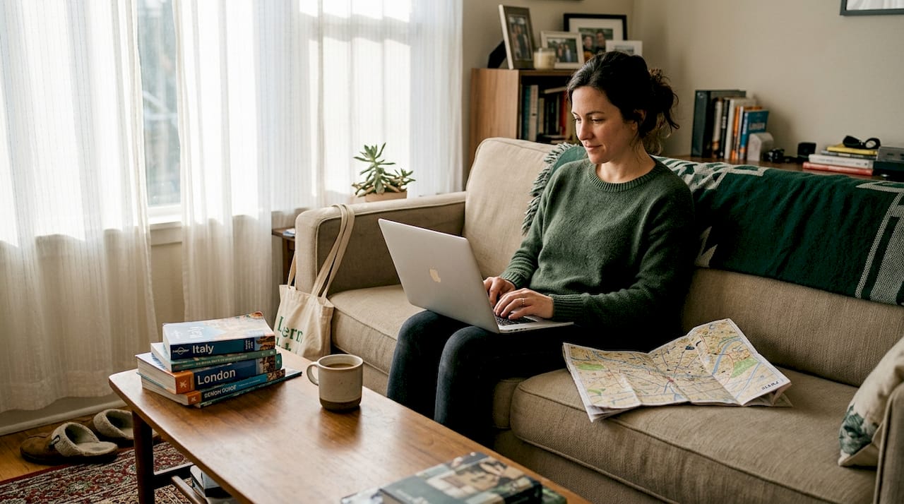 Woman arranging home swap in cozy living room