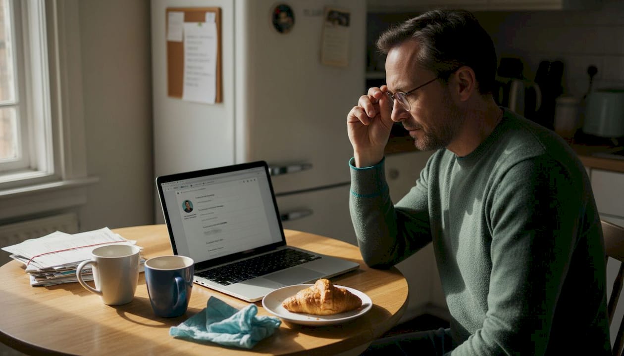 Person setting up home swap profile at kitchen table