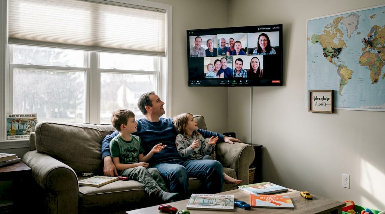 Family video chatting about home swap travel