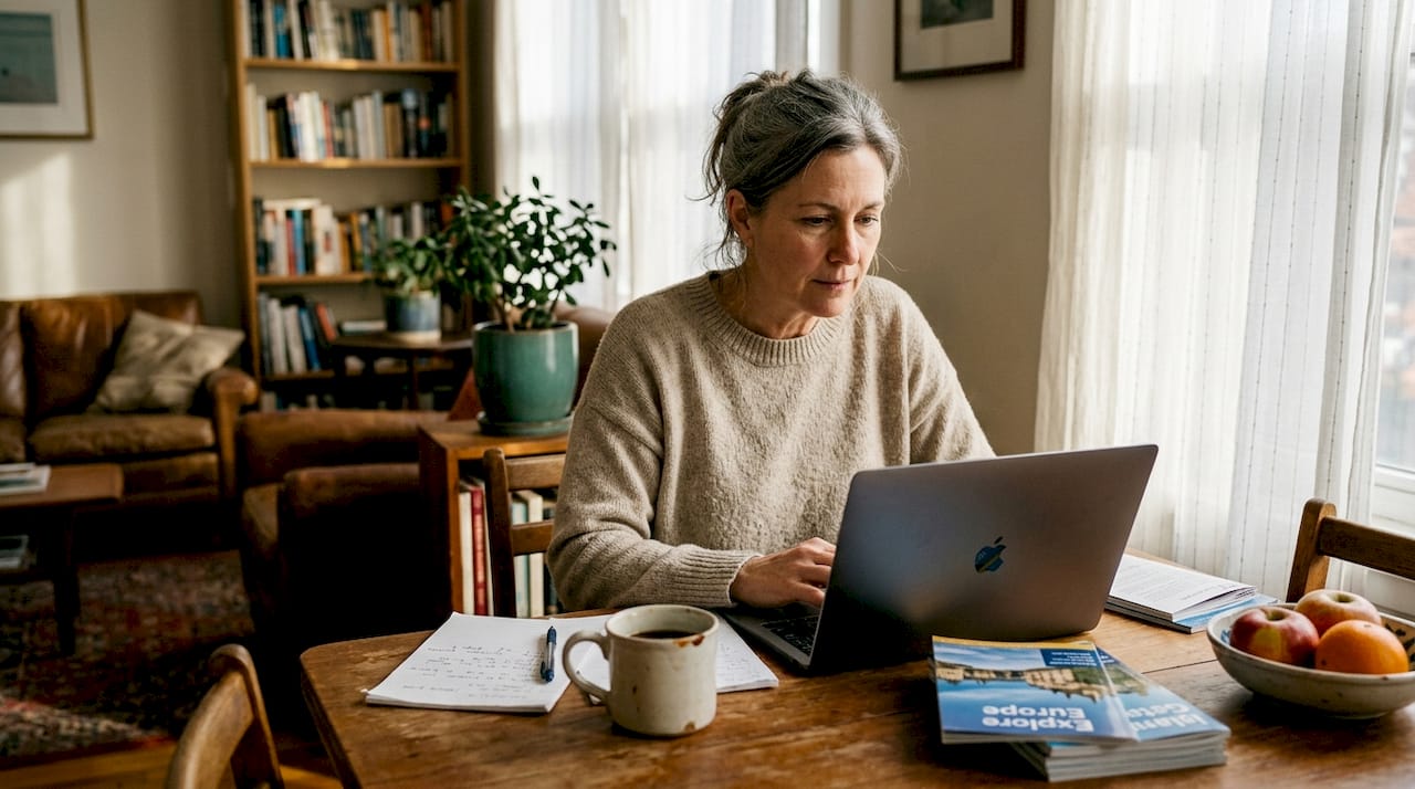 Woman browsing home swap website at table