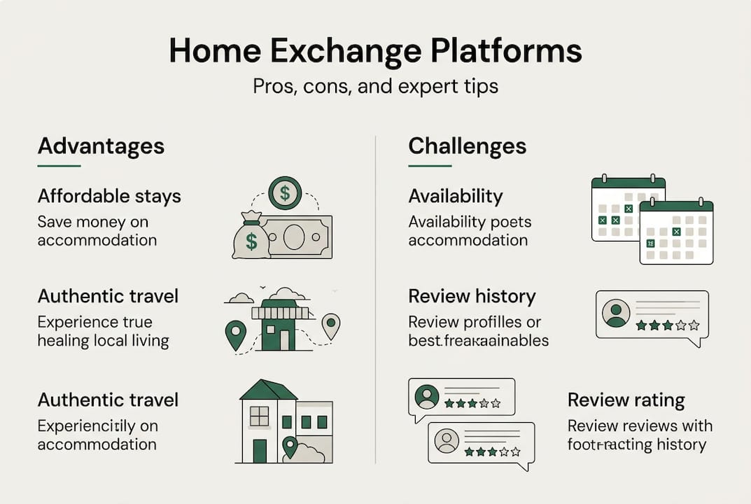 Infographic summarizing pros and cons of home exchange