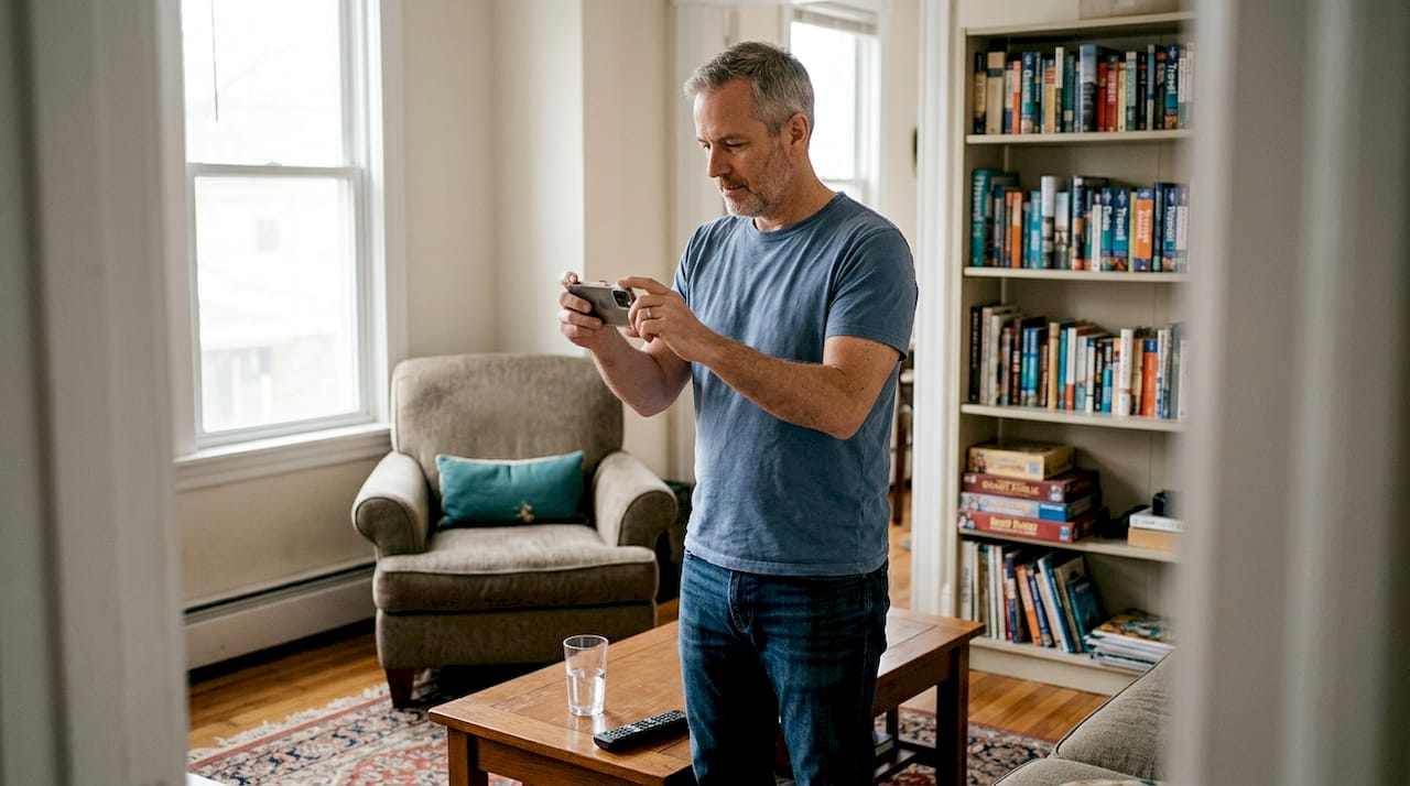 Man photographing living room for home swap