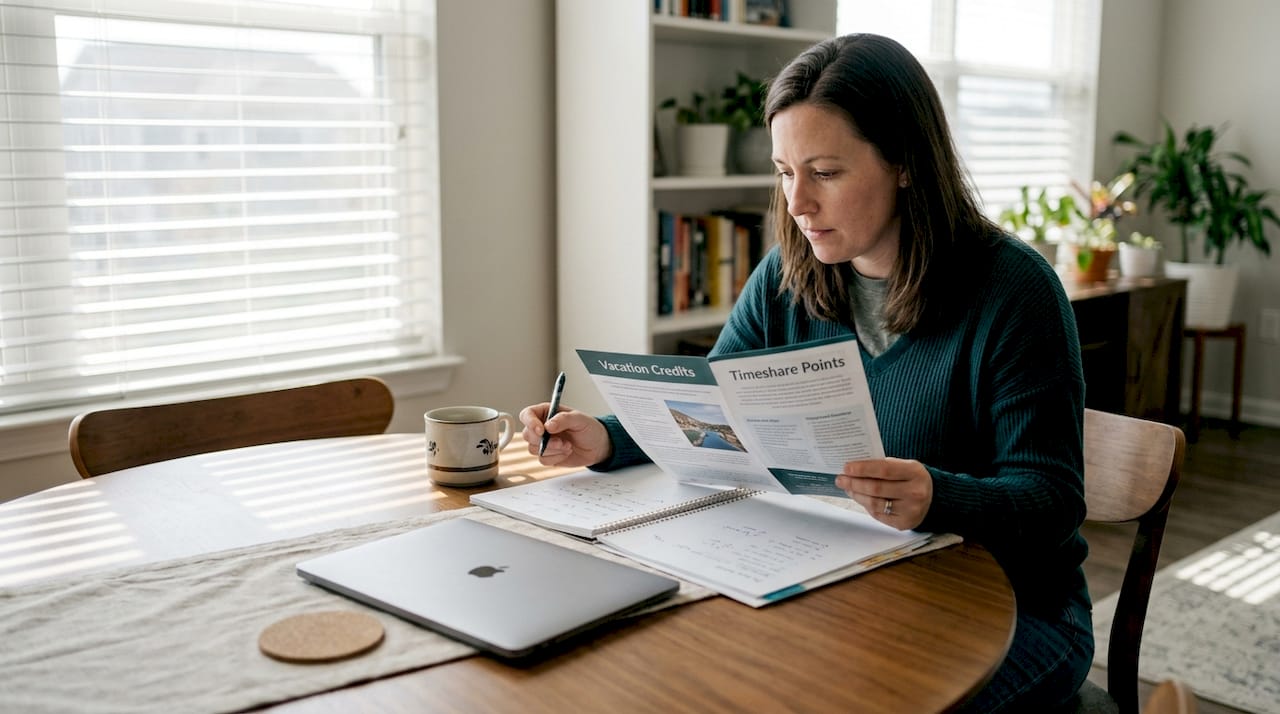 Woman comparing vacation credit and timeshare info