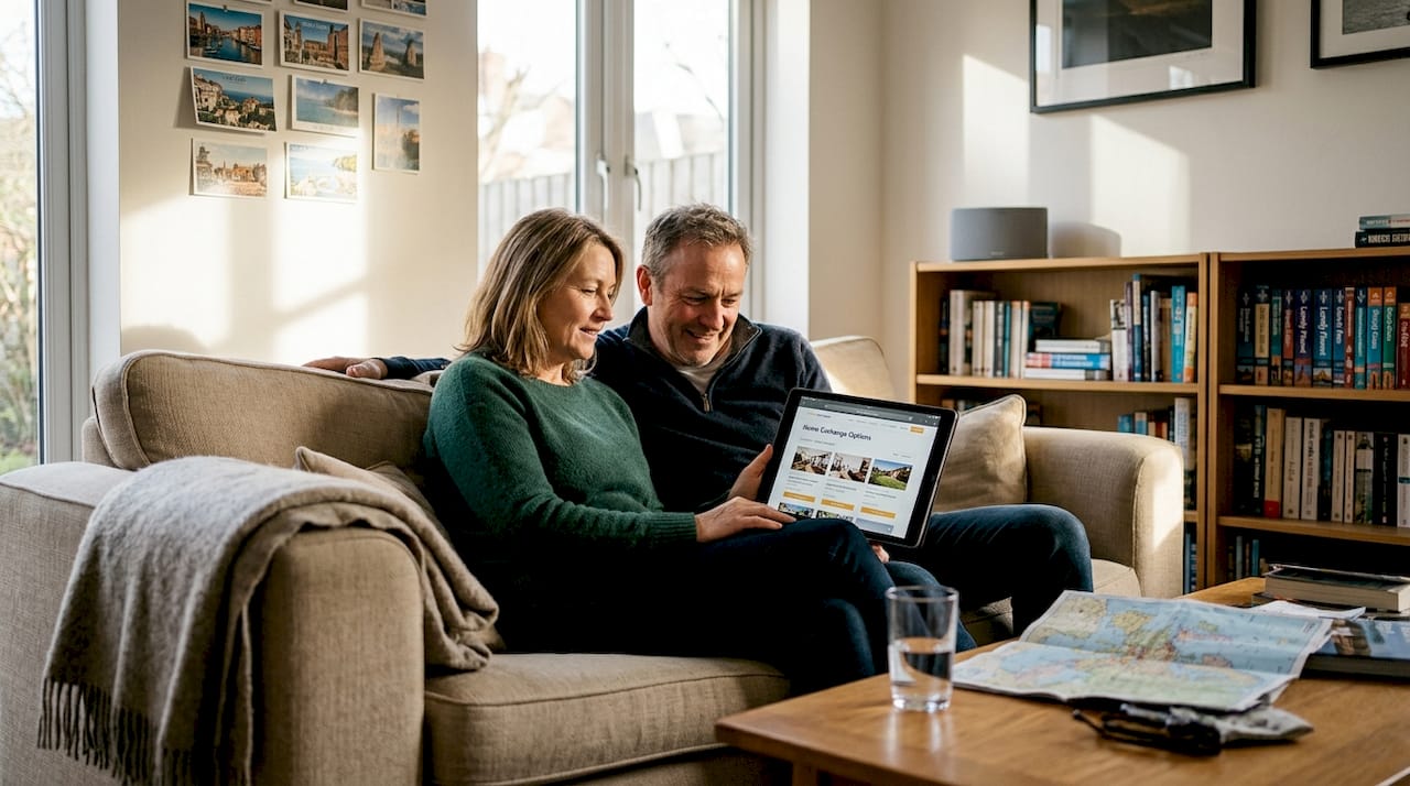Couple browsing home swap in cozy living room