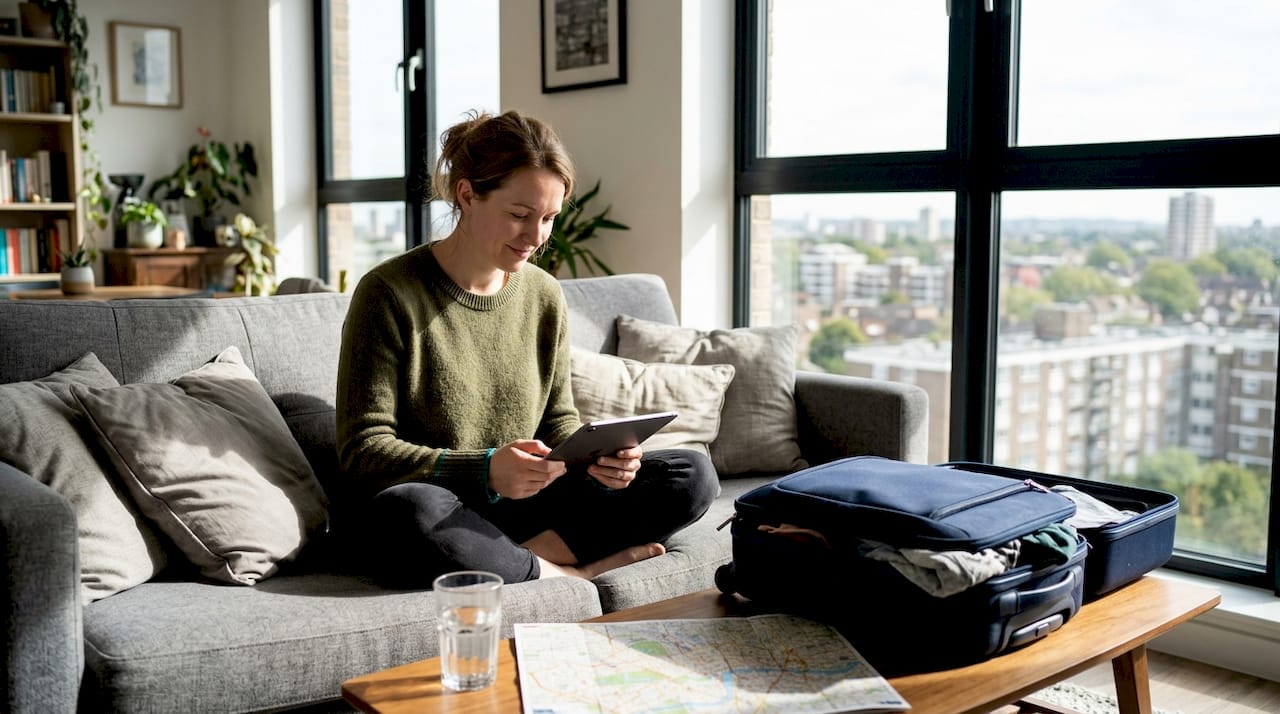 Woman arranging home exchange in bright living room
