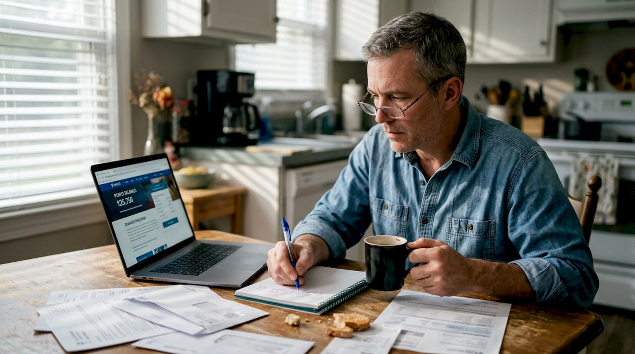 Man reviewing travel points at kitchen table