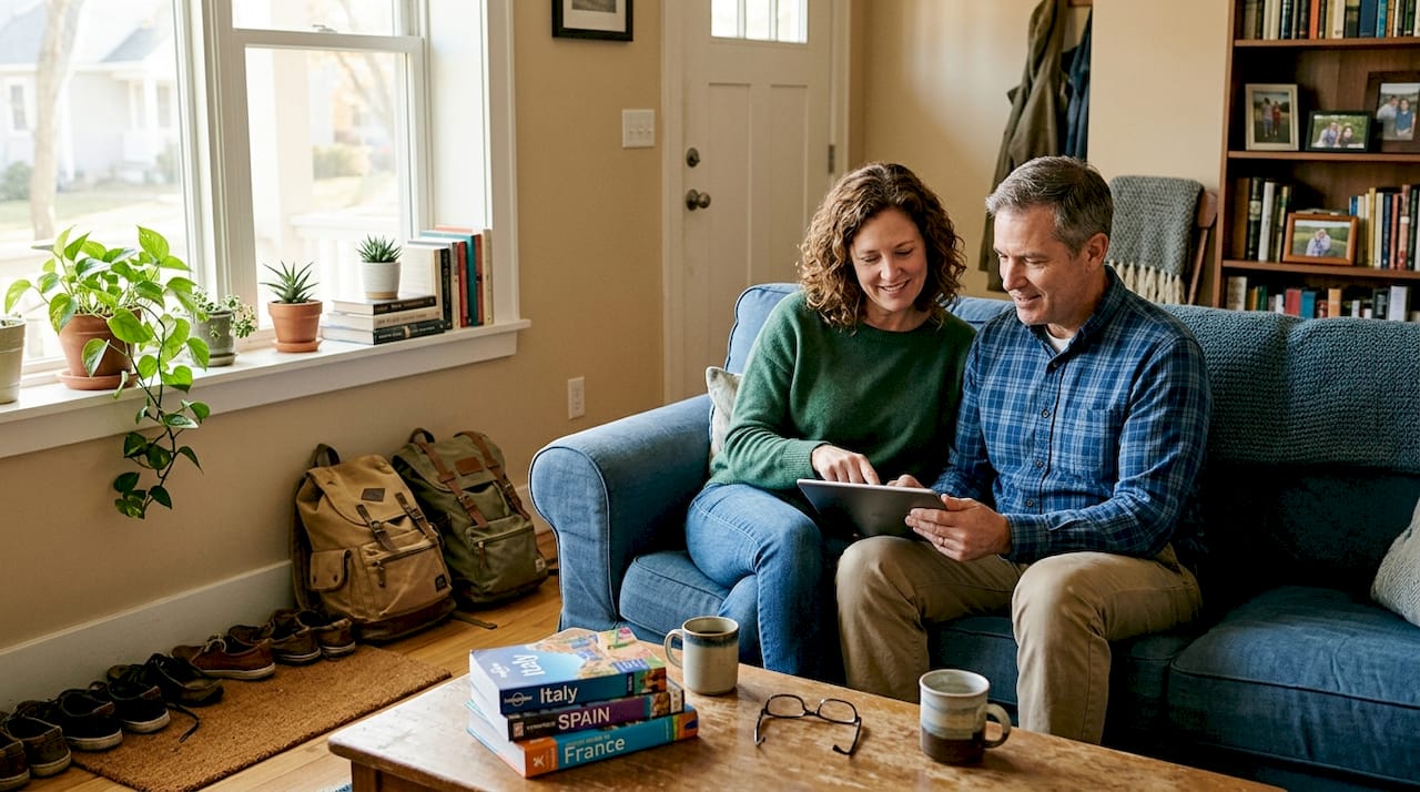 Couple planning home swap in living room