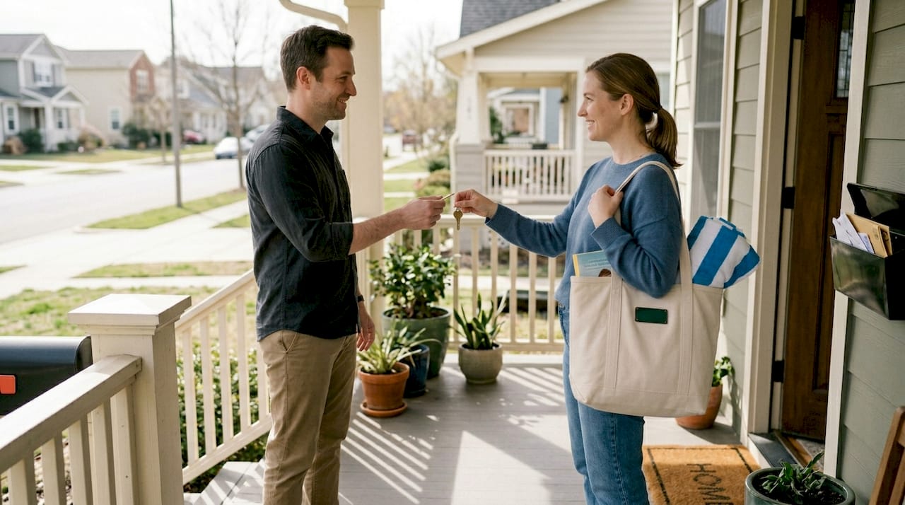 Neighbors exchange house keys on porch