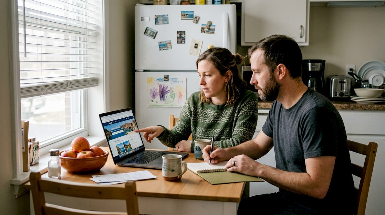 Couple planning travel on laptop in kitchen