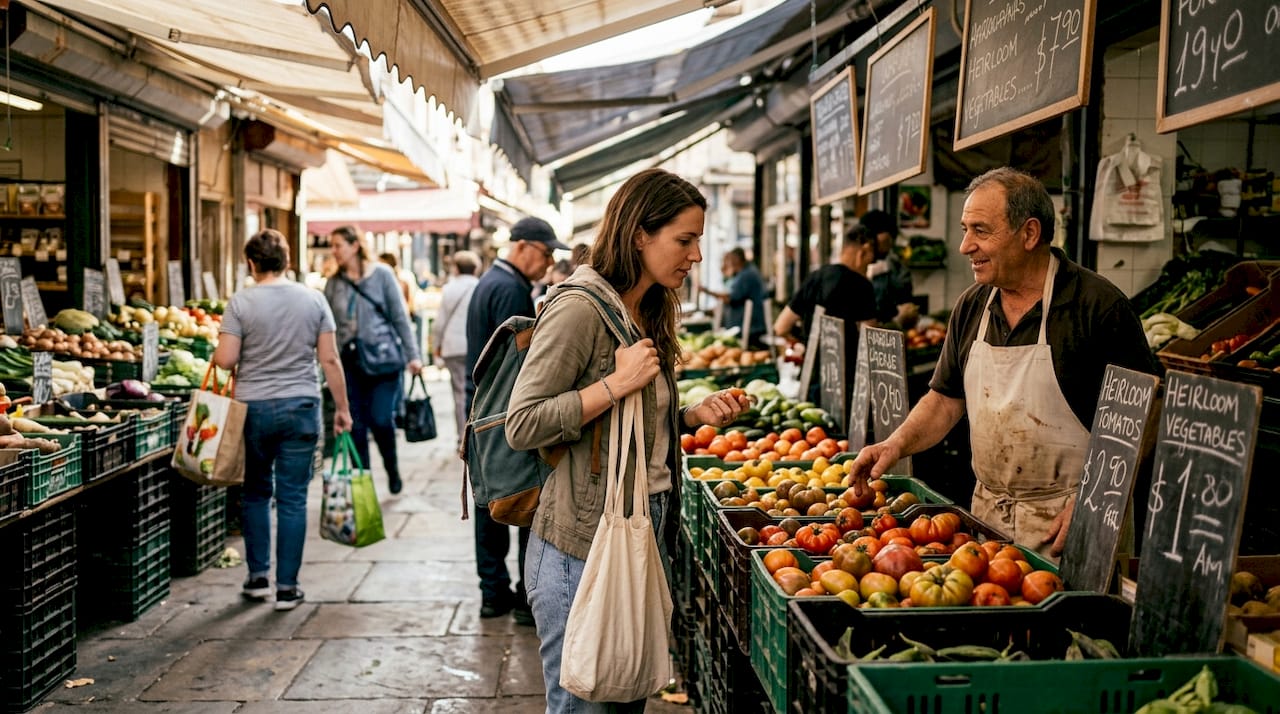 Woman chatting with vendor at local market