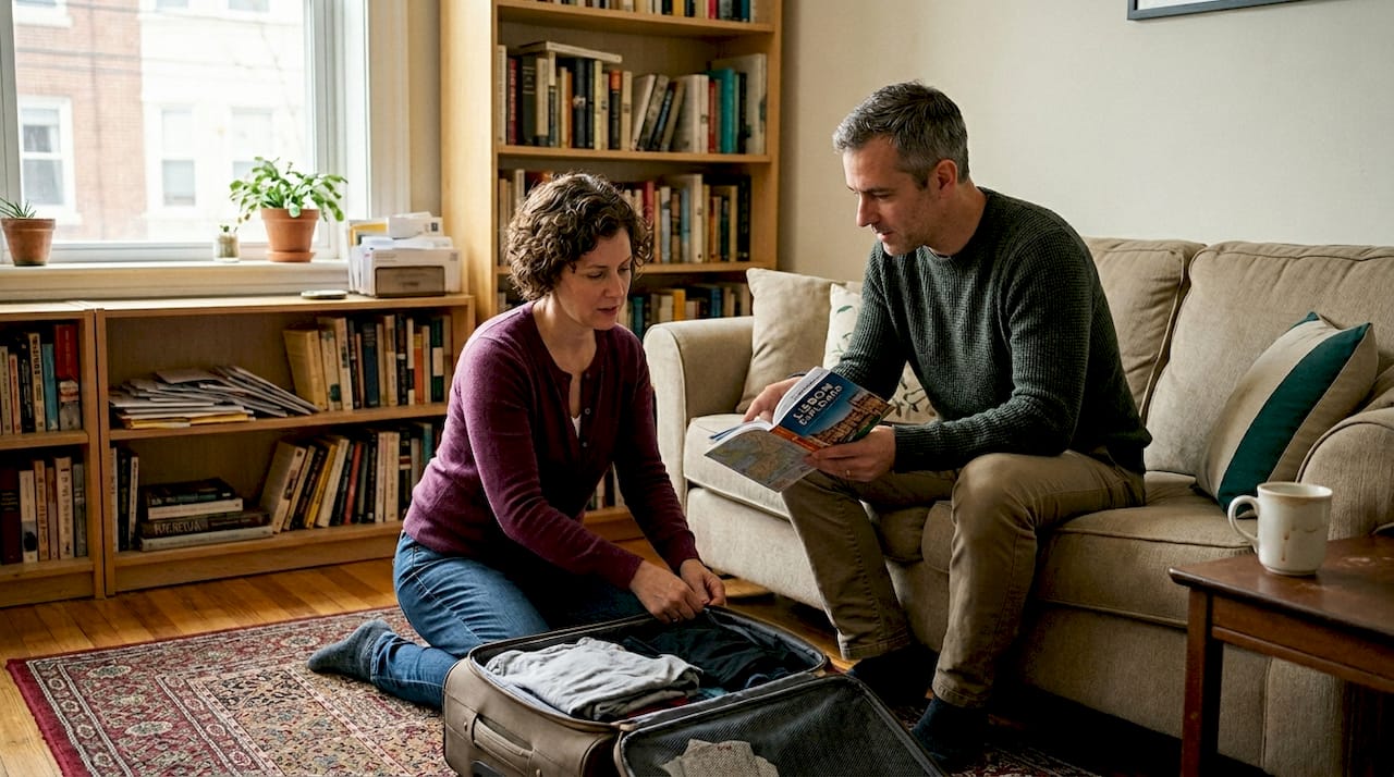 Couple unpacking in cozy lived-in apartment