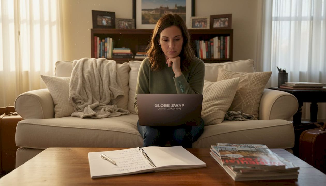 Woman researching home exchange travel credits