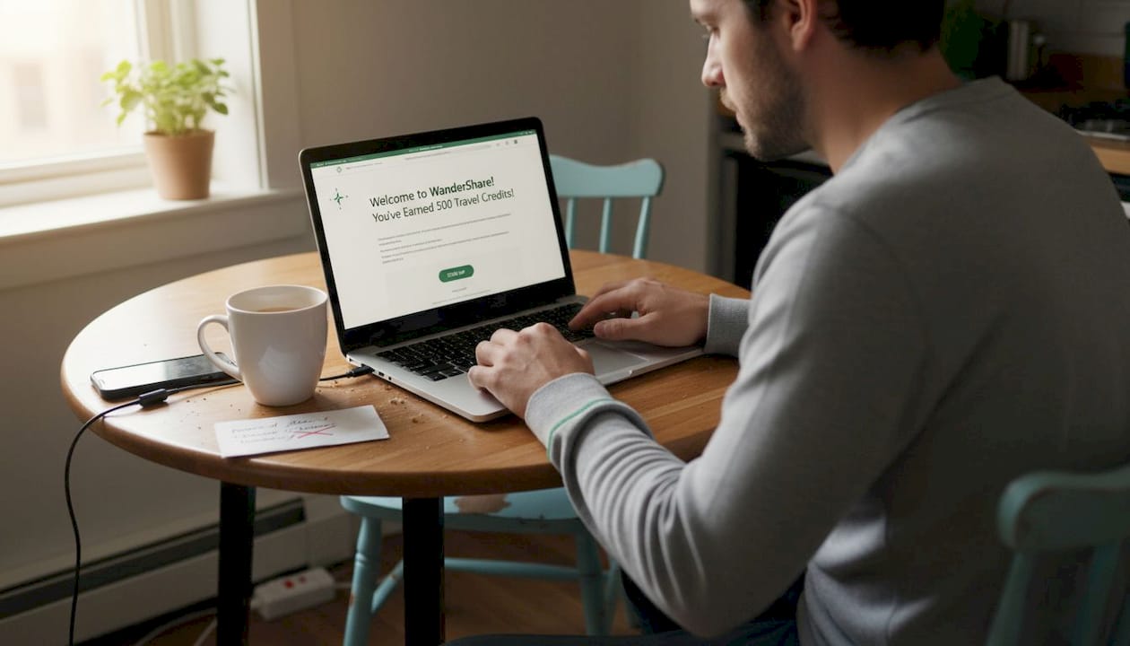 Man signing up for travel credits online