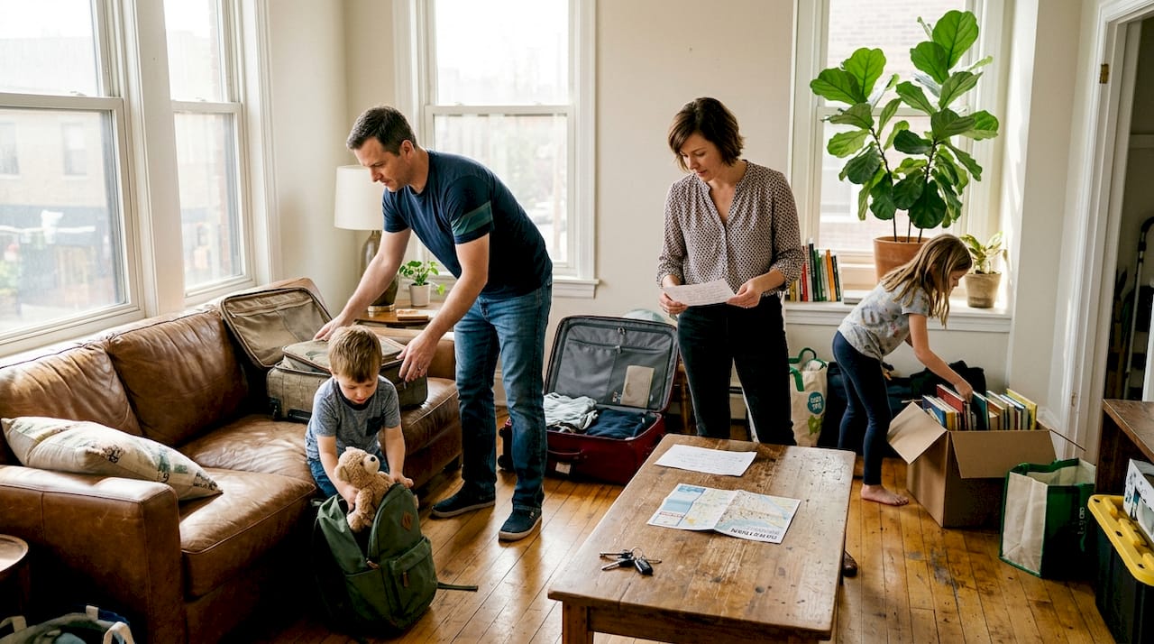 Family arriving in home swap living room