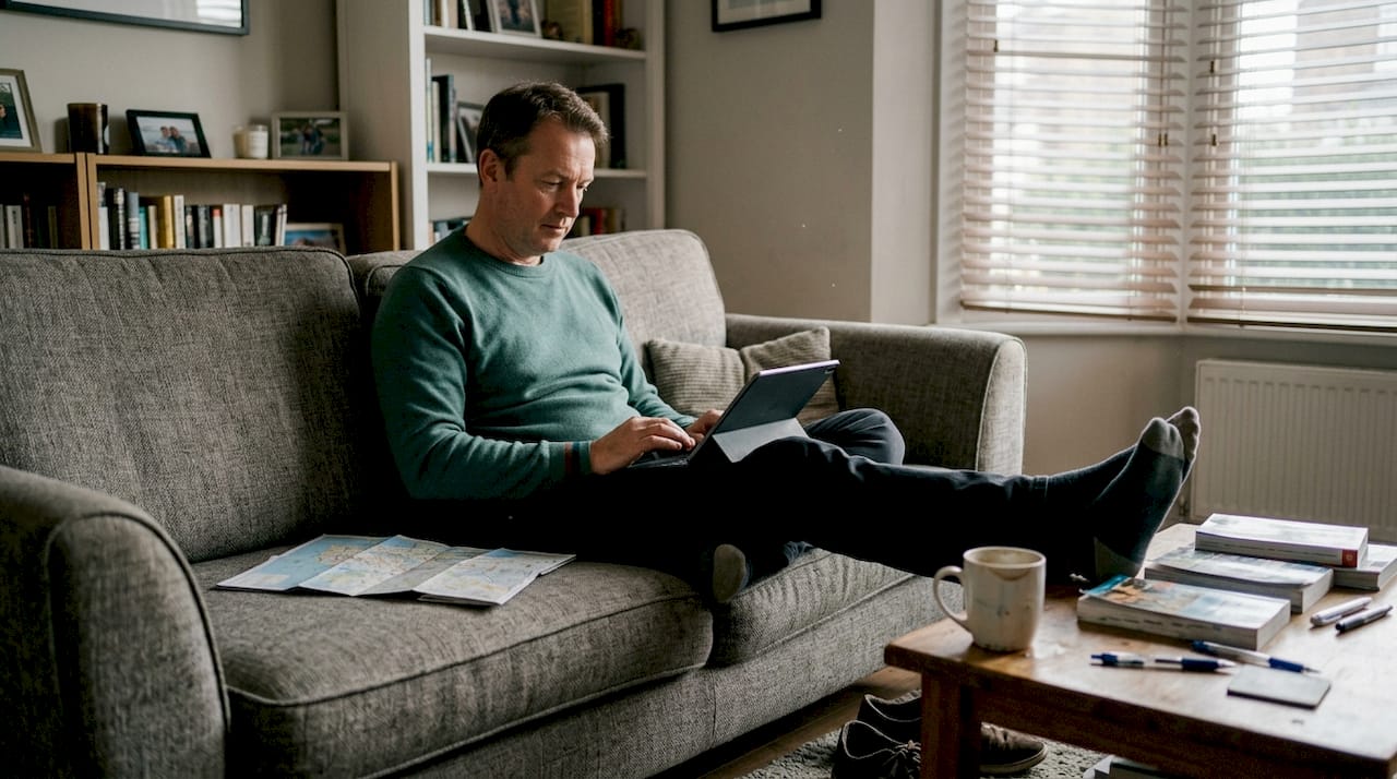 Man writing home swap review on tablet