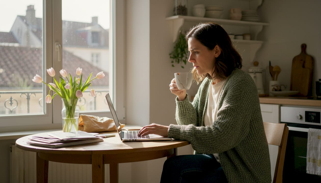 Woman updating home swap profile at kitchen table