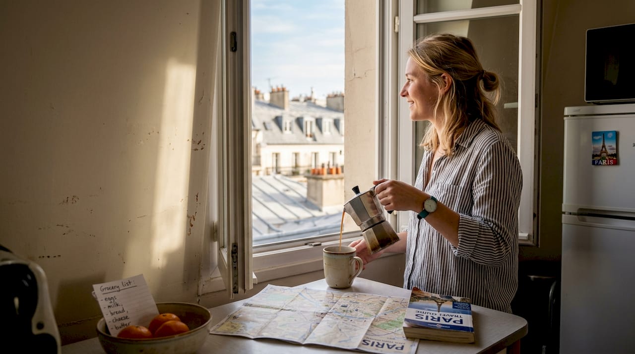 Traveler enjoys morning in real Paris apartment