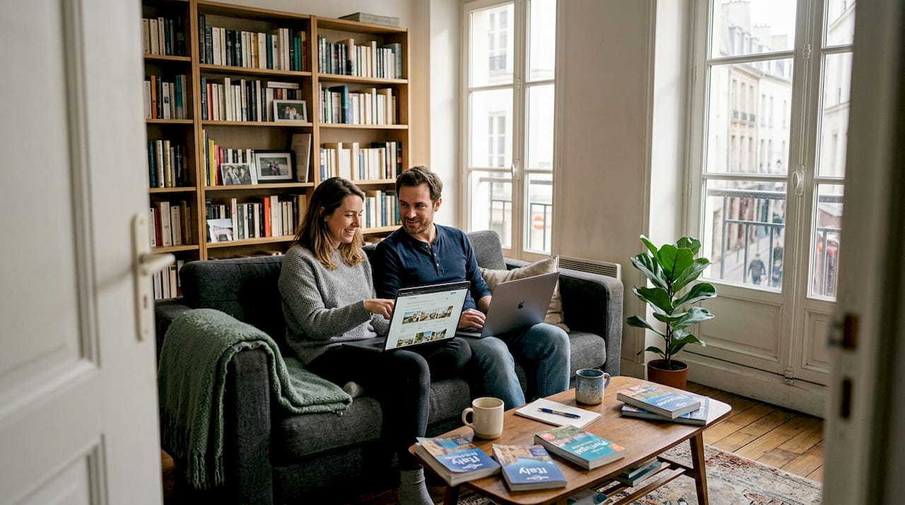 Couple plans budget travel in cozy apartment