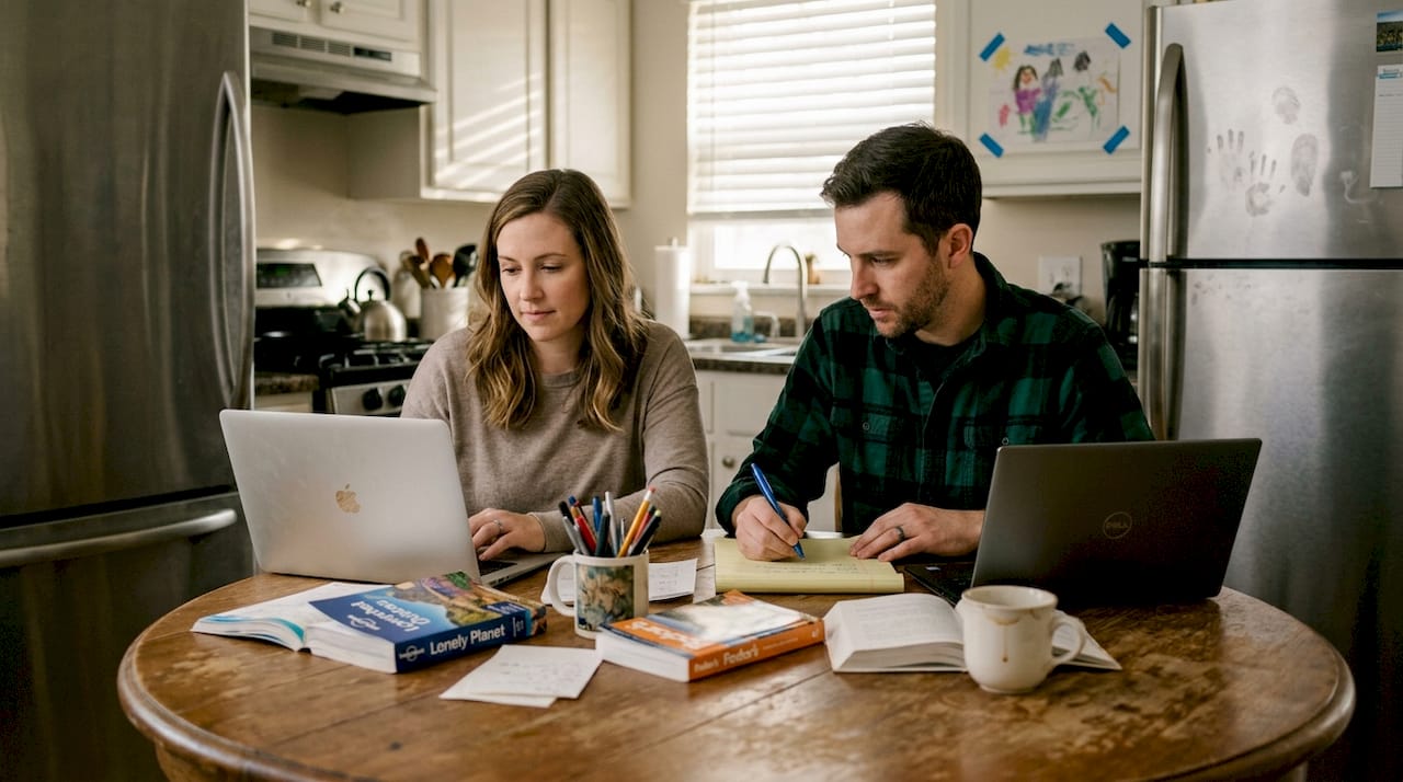Couple planning home exchange at dining table