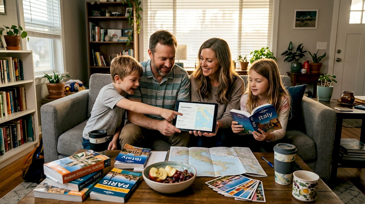 Family planning travel in home living room